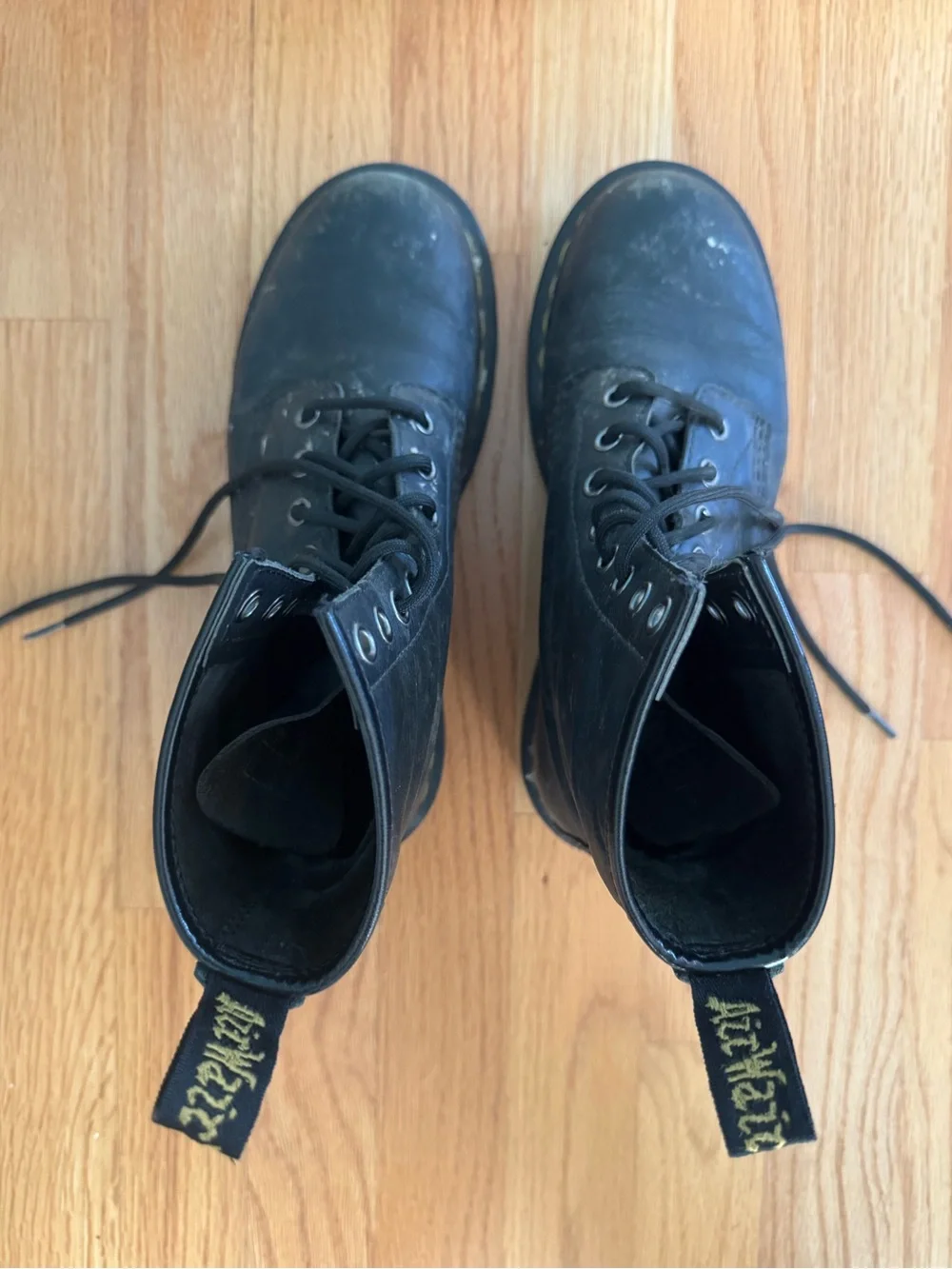 Dr. Martens Black Leather Lace-Up Boots with Yellow Stitching
